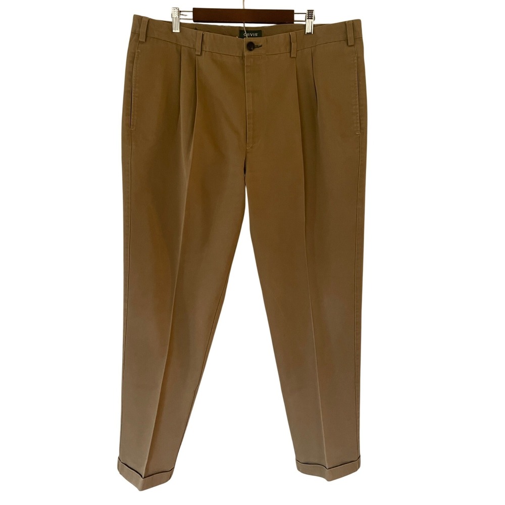 Orvis Mens Pleated Chino Pants Khaki Tan 100% Cotton Cuffed Trousers 42x33‎ 8K57